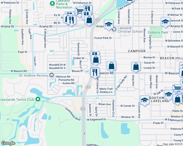 map of restaurants, bars, coffee shops, grocery stores, and more near Harden Blvd & W Beacon Rd in Lakeland