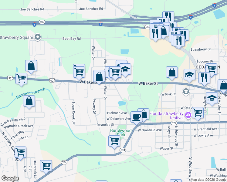 map of restaurants, bars, coffee shops, grocery stores, and more near 503 North Seminole Lake Boulevard in Plant City