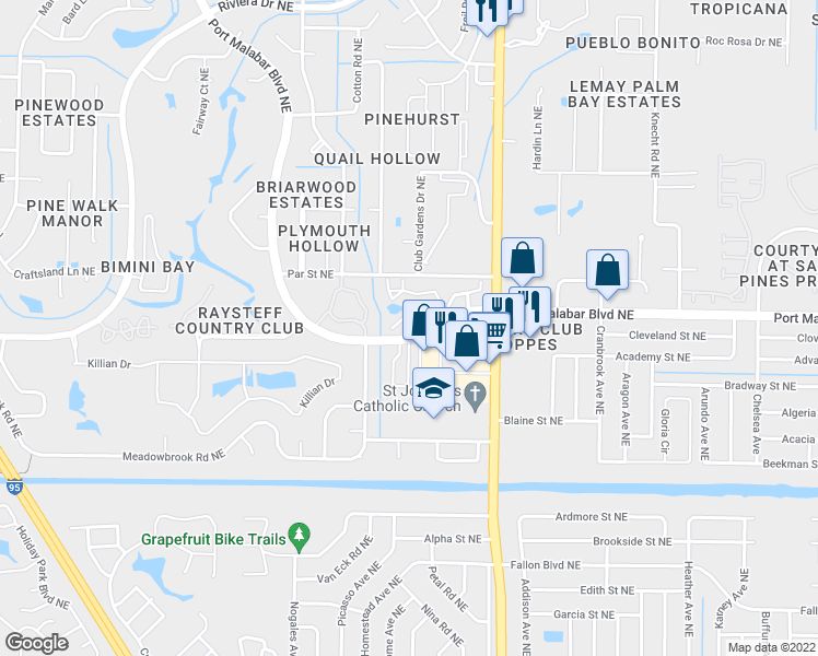 map of restaurants, bars, coffee shops, grocery stores, and more near 1607 Avery Road Northeast in Palm Bay