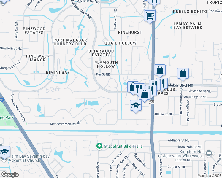 map of restaurants, bars, coffee shops, grocery stores, and more near 1534 Waldorf Circle Northeast in Palm Bay