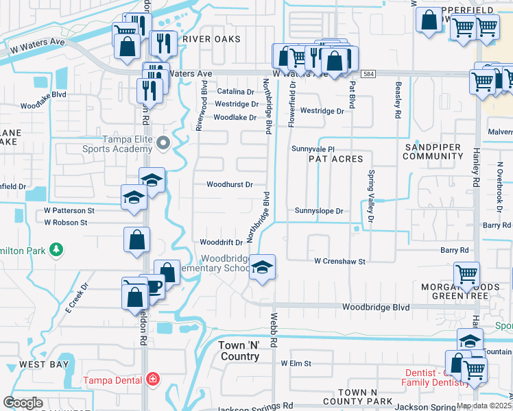 map of restaurants, bars, coffee shops, grocery stores, and more near 8404 Woodapple Court in Tampa