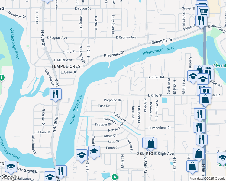 map of restaurants, bars, coffee shops, grocery stores, and more near 4947 Puritan Circle in Tampa