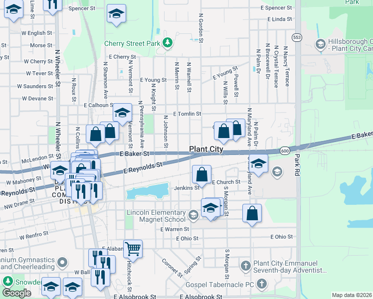 map of restaurants, bars, coffee shops, grocery stores, and more near 1108 East Baker Street in Plant City