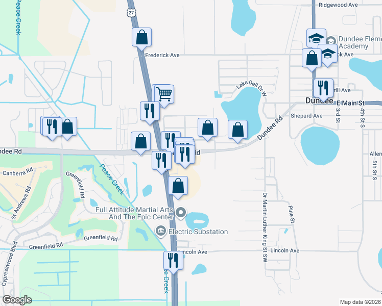 map of restaurants, bars, coffee shops, grocery stores, and more near 623 Dundee Road in Dundee