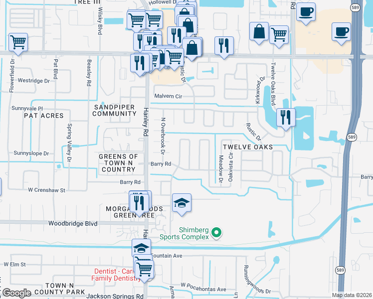 map of restaurants, bars, coffee shops, grocery stores, and more near 7513 Armand Circle in Tampa