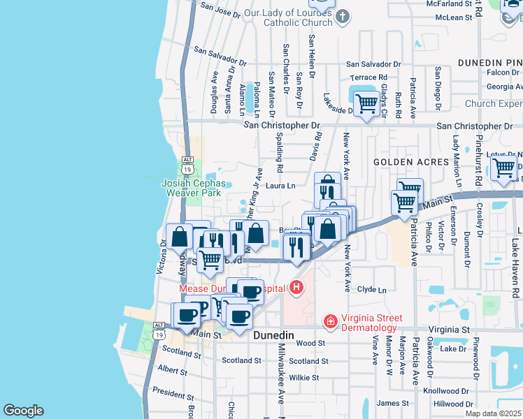 map of restaurants, bars, coffee shops, grocery stores, and more near 566 Shady Grove Drive in Dunedin