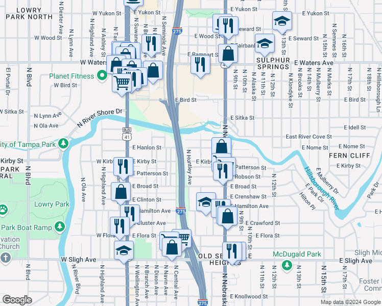 map of restaurants, bars, coffee shops, grocery stores, and more near 7713 North Huntley Avenue in Tampa