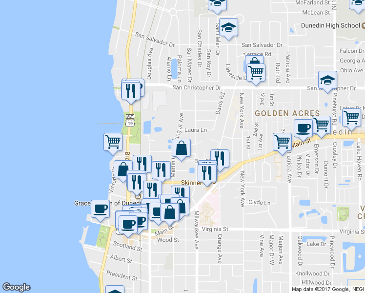 map of restaurants, bars, coffee shops, grocery stores, and more near 566 Shady Grove Drive in Dunedin