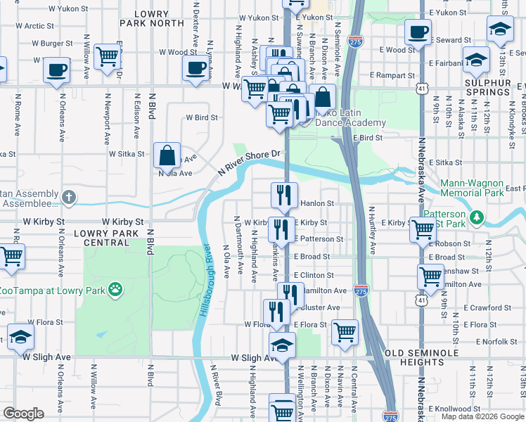 map of restaurants, bars, coffee shops, grocery stores, and more near 116 West Hanlon Street in Tampa