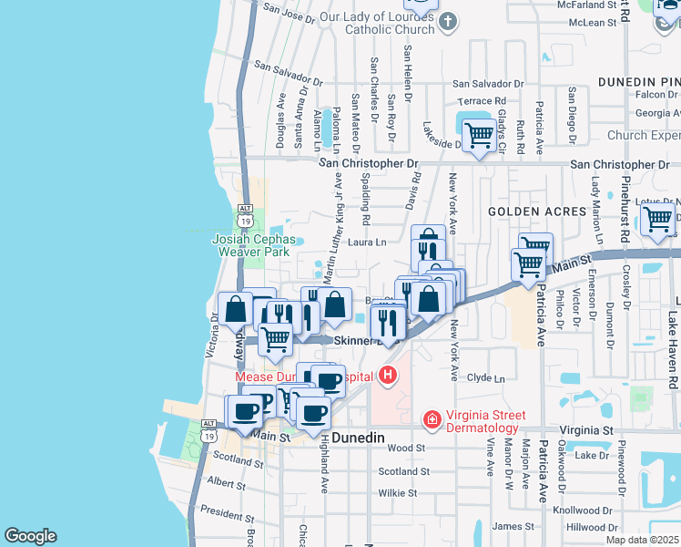 map of restaurants, bars, coffee shops, grocery stores, and more near 562 Shady Grove Drive in Dunedin