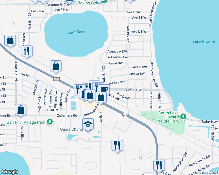 map of restaurants, bars, coffee shops, grocery stores, and more near 2463 Avenue C Southwest in Winter Haven
