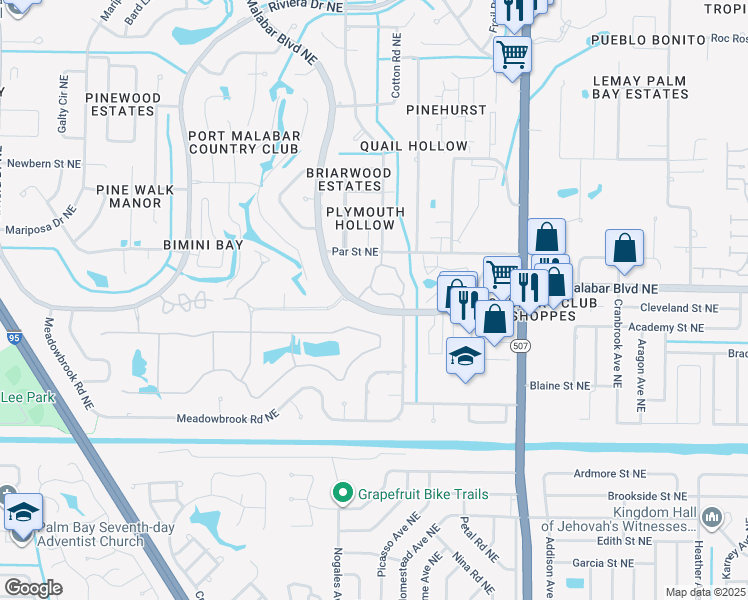 map of restaurants, bars, coffee shops, grocery stores, and more near 1534 Waldorf Circle Northeast in Palm Bay