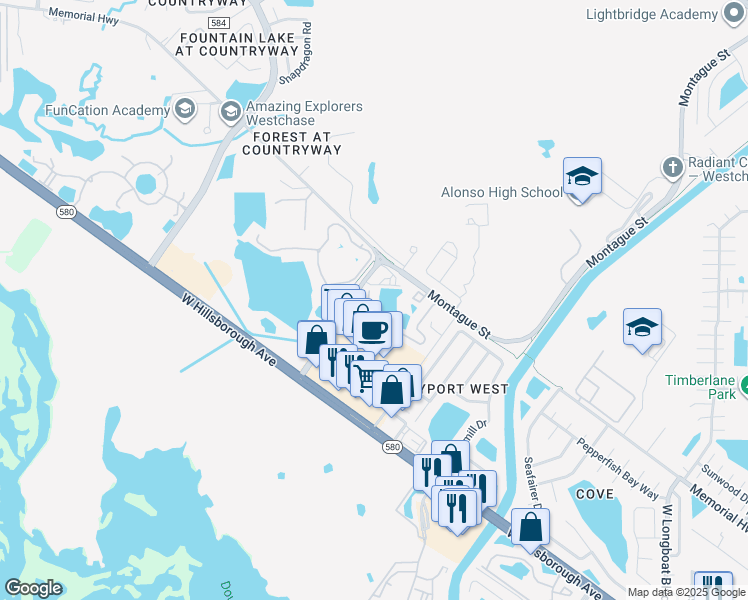 map of restaurants, bars, coffee shops, grocery stores, and more near 11617 Colony Lake Drive in Tampa
