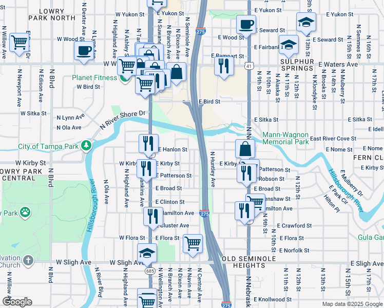 map of restaurants, bars, coffee shops, grocery stores, and more near 7708 North Riverdale Avenue in Tampa