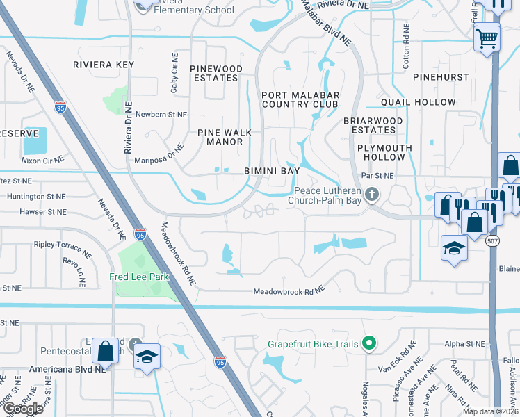 map of restaurants, bars, coffee shops, grocery stores, and more near 1018 Malabar Lakes Drive Northeast in Palm Bay