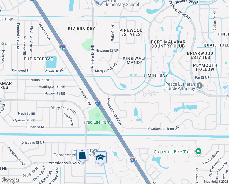 map of restaurants, bars, coffee shops, grocery stores, and more near 799 Riviera Drive Northeast in Palm Bay