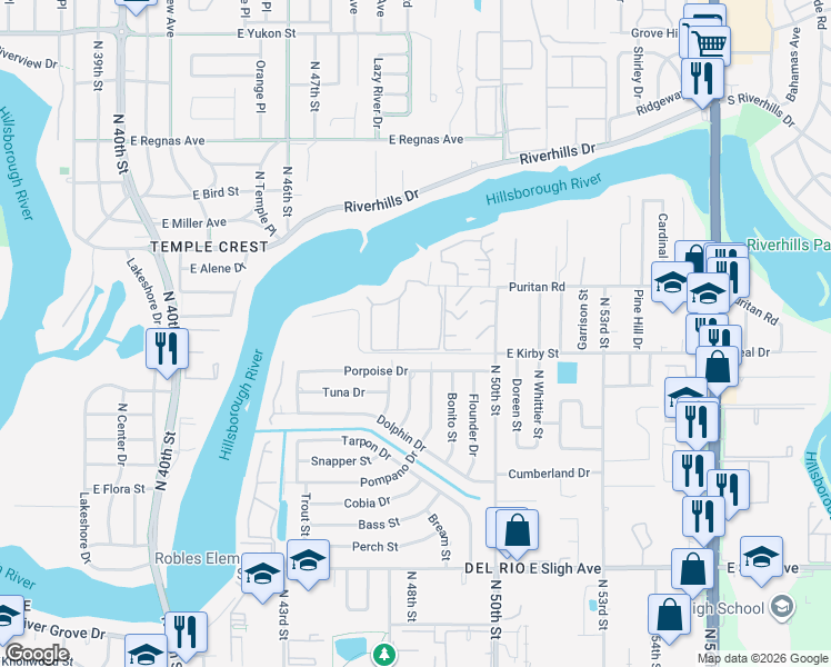 map of restaurants, bars, coffee shops, grocery stores, and more near 4873 Puritan Circle in Tampa