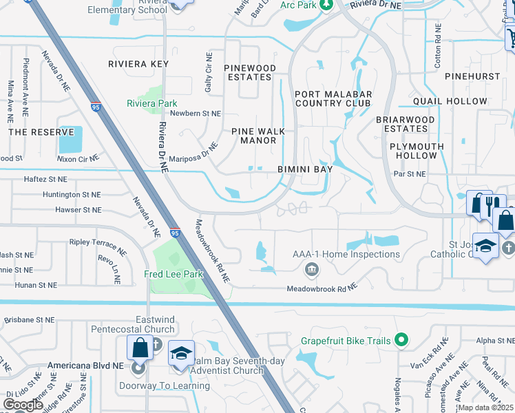 map of restaurants, bars, coffee shops, grocery stores, and more near 896 Riviera Drive Northeast in Palm Bay
