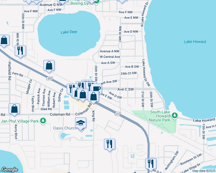 map of restaurants, bars, coffee shops, grocery stores, and more near 2829 West Central Avenue in Winter Haven
