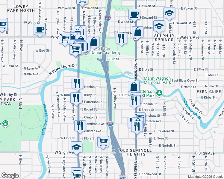 map of restaurants, bars, coffee shops, grocery stores, and more near 7710 North Huntley Avenue in Tampa