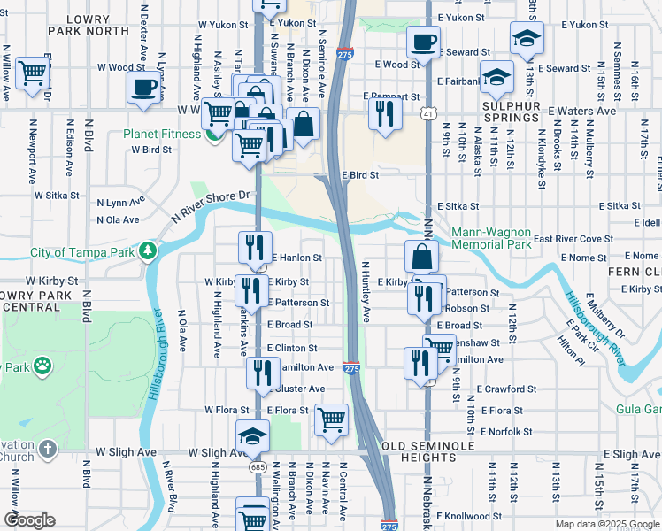 map of restaurants, bars, coffee shops, grocery stores, and more near 7708 North Riverdale Avenue in Tampa
