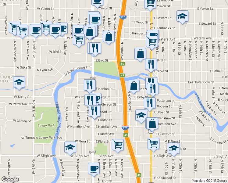 map of restaurants, bars, coffee shops, grocery stores, and more near 7708 North Riverdale Avenue in Tampa