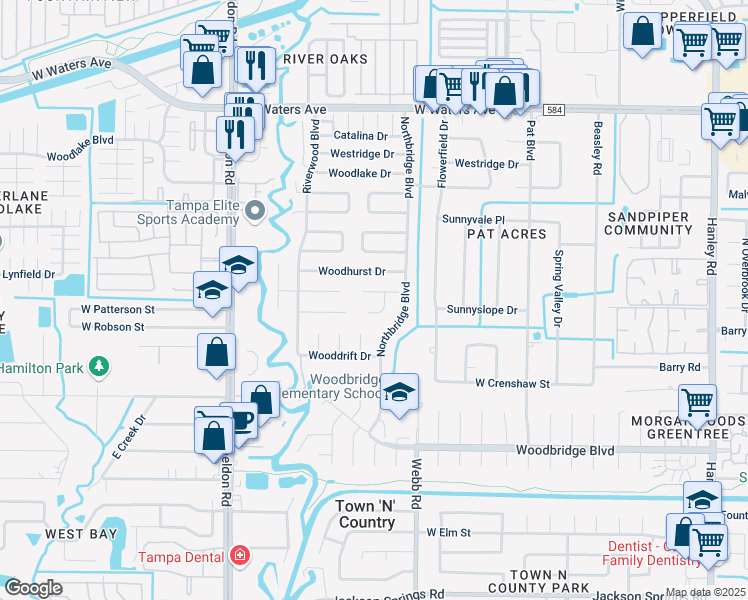 map of restaurants, bars, coffee shops, grocery stores, and more near 8404 Woodapple Court in Tampa