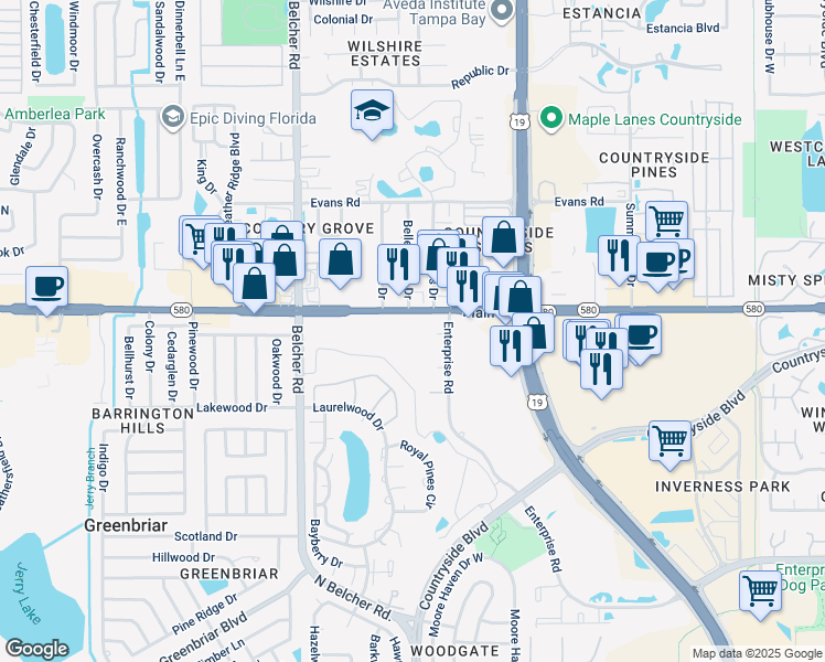 map of restaurants, bars, coffee shops, grocery stores, and more near 2633 Alexander Place in Clearwater