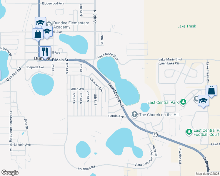 map of restaurants, bars, coffee shops, grocery stores, and more near 907 Valentina Drive in Dundee