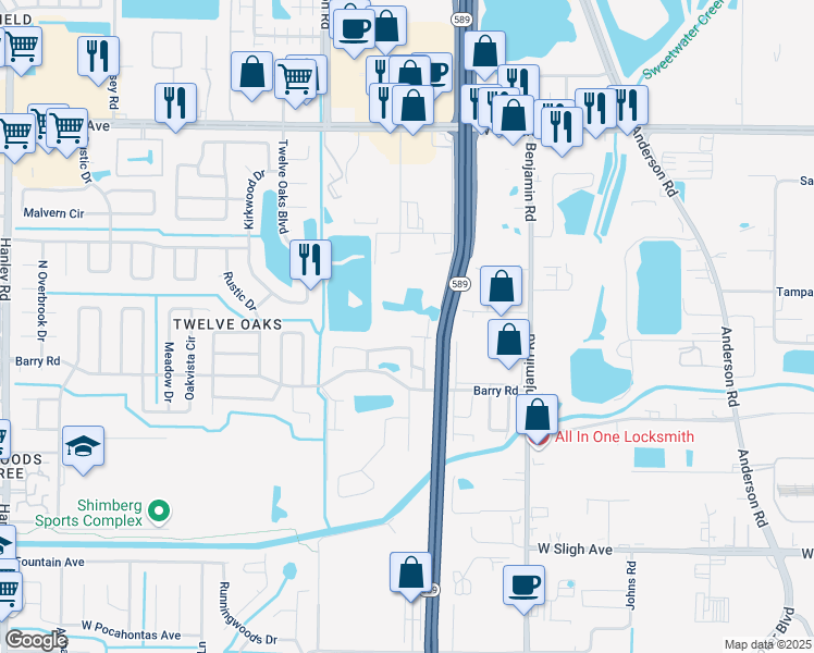 map of restaurants, bars, coffee shops, grocery stores, and more near 7526 Ann Ballard Road in Tampa