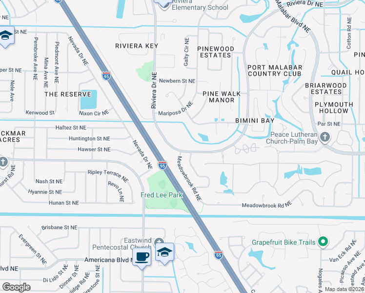 map of restaurants, bars, coffee shops, grocery stores, and more near 799 Riviera Drive Northeast in Palm Bay