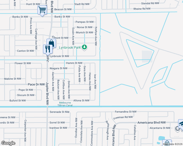 map of restaurants, bars, coffee shops, grocery stores, and more near 842 Hanau Avenue Northwest in Palm Bay