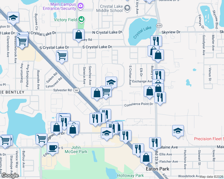 map of restaurants, bars, coffee shops, grocery stores, and more near 1970 Crystal Grove Drive in Lakeland