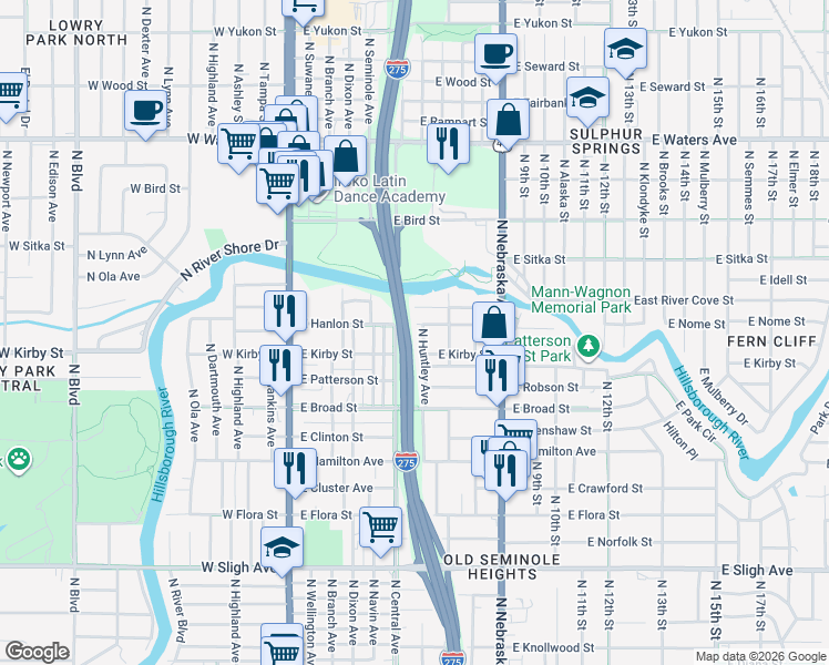 map of restaurants, bars, coffee shops, grocery stores, and more near 7710 North Huntley Avenue in Tampa