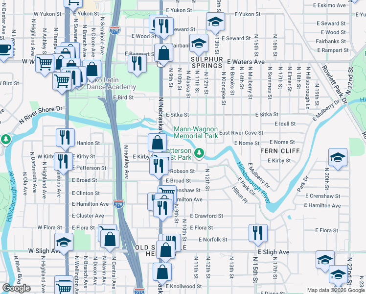 map of restaurants, bars, coffee shops, grocery stores, and more near 43 Hamilton Heath Drive in Tampa