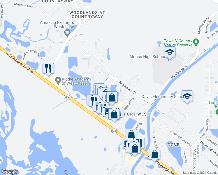 map of restaurants, bars, coffee shops, grocery stores, and more near 11617 Colony Lake Drive in Tampa