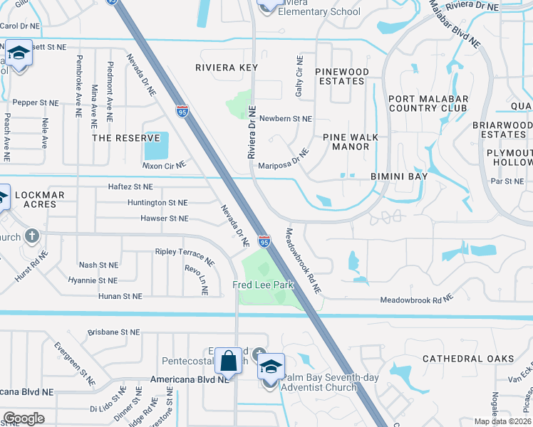 map of restaurants, bars, coffee shops, grocery stores, and more near 750 Riviera Drive Northeast in Palm Bay