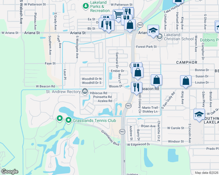 map of restaurants, bars, coffee shops, grocery stores, and more near 117 Hibiscus Road in Lakeland