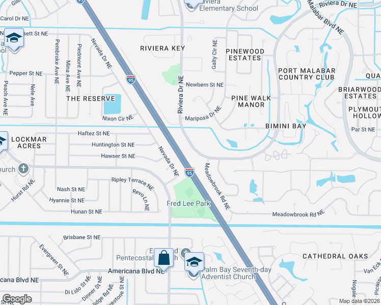map of restaurants, bars, coffee shops, grocery stores, and more near 750 Riviera Drive Northeast in Palm Bay