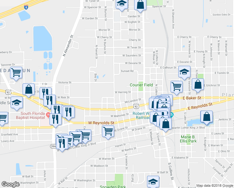 map of restaurants, bars, coffee shops, grocery stores, and more near 703 West Herring Street in Plant City