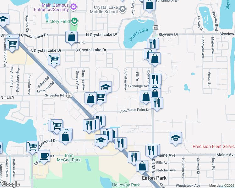 map of restaurants, bars, coffee shops, grocery stores, and more near 2006 Crystal Wood Drive in Lakeland