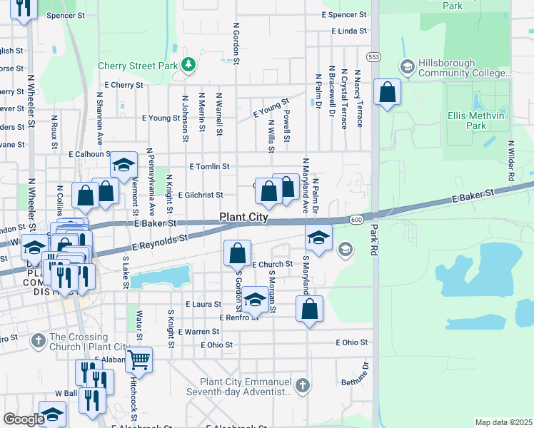 map of restaurants, bars, coffee shops, grocery stores, and more near 1386 East Baker Street in Plant City