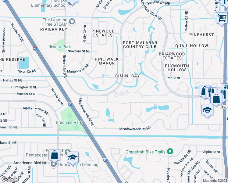 map of restaurants, bars, coffee shops, grocery stores, and more near 1018 Malabar Lakes Drive Northeast in Palm Bay