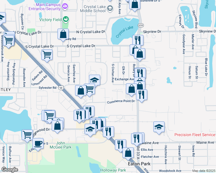 map of restaurants, bars, coffee shops, grocery stores, and more near 2006 Crystal Wood Drive in Lakeland