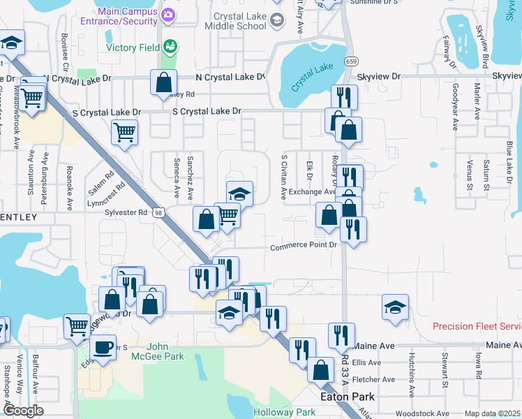 map of restaurants, bars, coffee shops, grocery stores, and more near 2005 Crystal Court West in Lakeland