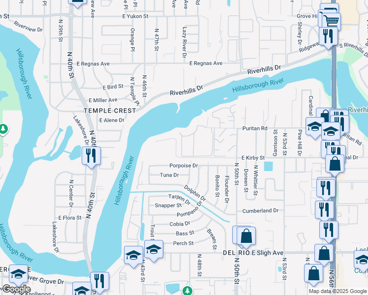 map of restaurants, bars, coffee shops, grocery stores, and more near 4947 Puritan Circle in Tampa