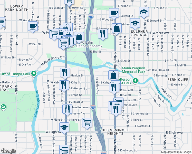 map of restaurants, bars, coffee shops, grocery stores, and more near 7710 North Huntley Avenue in Tampa