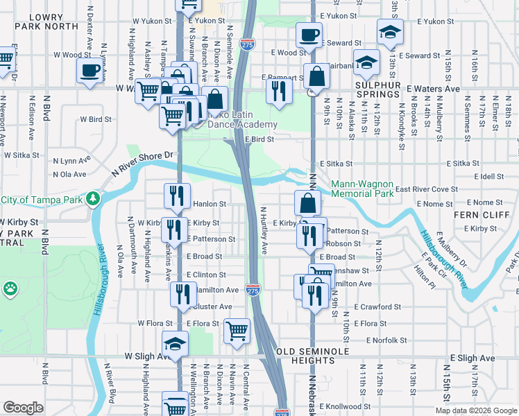 map of restaurants, bars, coffee shops, grocery stores, and more near 7710 North Huntley Avenue in Tampa