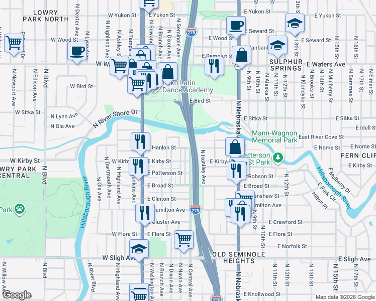 map of restaurants, bars, coffee shops, grocery stores, and more near 7710 North Huntley Avenue in Tampa