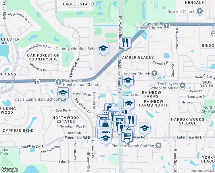 map of restaurants, bars, coffee shops, grocery stores, and more near 2987 North McMullen Booth Road in Clearwater